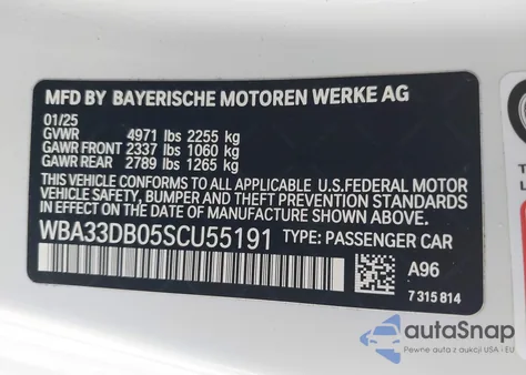 2025 BMW 4 Series 430I z USA, uszkodzony, nr VIN WBA33DB05SCU55191